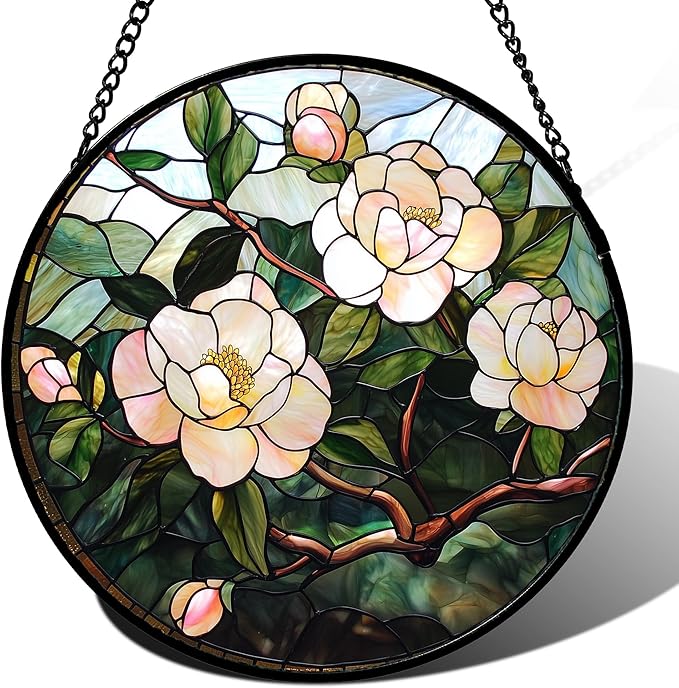 Stained Glass Suncatcher, Light Pink Flowers Green Leaf Sun Catcher Plant Stain Glass Window Hanging Decoration Mother's Day Birthday Gifts for Women Men Mom Nana 11.8 in
