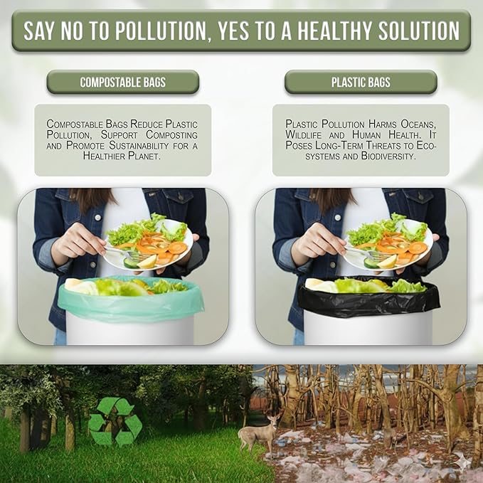 Super Durable Biodegradable Compostable Trash Bags 2.6 Gallons / 9.84 Liter, Green Biodegradable Trash Bags 125 Pcs, Small Kitchen Compost Bags for Countertop Bin, BPI & OK Compost Certified
