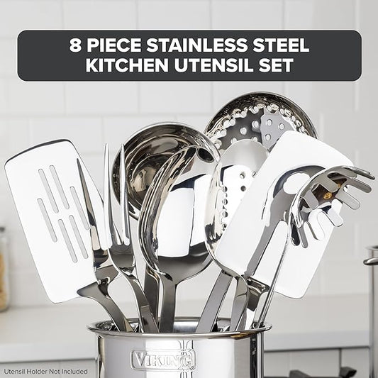 Viking Kitchen Utensils Set, 8 Piece Stainless Steel Cooking Utensil Set, Includes Spatulas, Spoons, Pasta Fork, Deep Ladle, Meat Fork, and Skimmer, Silver