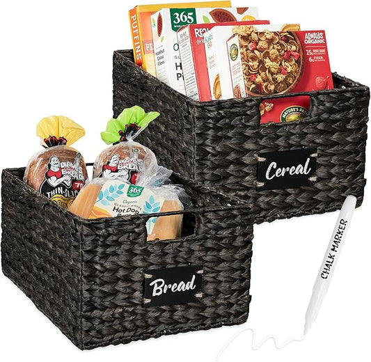 Best Choice Products Pantry Baskets Set of 2 16x12in Water Hyacinth Storage Baskets, Woven Wicker Kitchen Organizers with handles w/Chalkboard Label Chalk Marker - Black