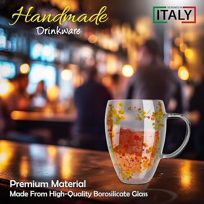 Gusto Buono 11oz Double Wall Glass Mugs, Set of 4 – Orange/Yellow Dry Flowers Design | Handmade, Heat-Resistant, Handwash Only | Perfect Coffee Mugs for Parties & Holiday Gifts