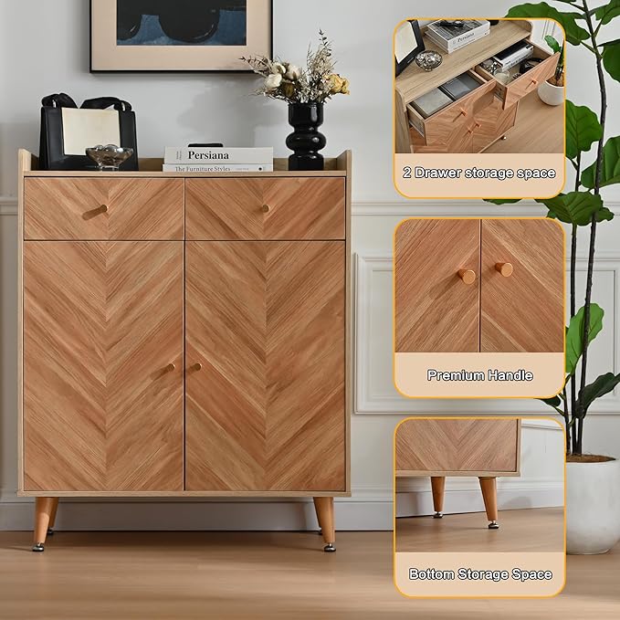 Shoe Storage Cabinet with 2 Doors, 20 Pairs Shoes Cabinet for Entryway with Adjustable Shelves and 2 Drawer, 31.5'' Wide Shoe Rack Shoe Organizer Cabinet for Entryway Living Room (Naturel)