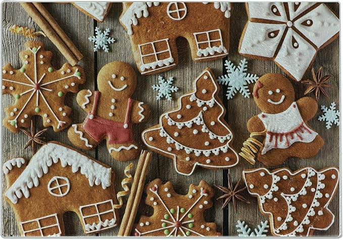 Ambesonne Gingerbread Man Cutting Board, Tasty Looking Traditional Cookies Little Snowflakes Cinnamon, Decorative Tempered Glass Cutting and Serving Board, Small Size, Brown White