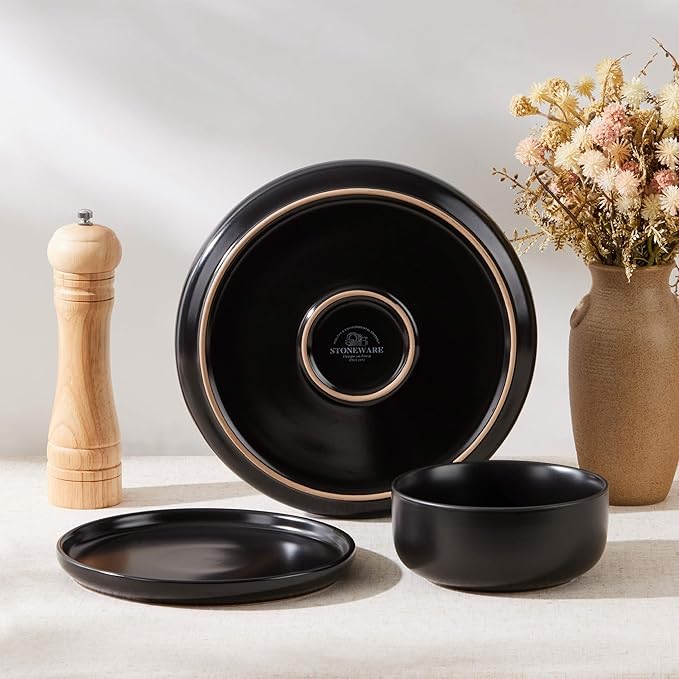 Herogo 18 Pieces Stoneware Dinnerware Sets Service for 6, Dinner Plates and Bowls Sets, Double Reactive Glaze Dishes Set for Kitchen, Scratch Resistant, Microwave & Dishwasher Safe, Matte Black