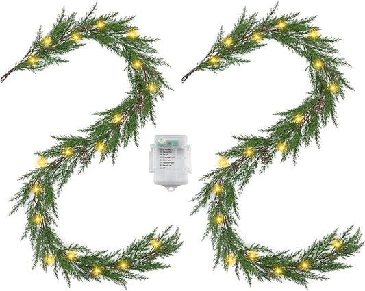 Artgar 2Pcs Christmas Cedar Garland, 6 Ft Realistic Pine Garland, Prelit Christmas Garland with 30 Warm Lights with 8 Light Modes for Mantels Stair Table Indoor Outdoor Winter Xmas Decor (Green 2Pcs)