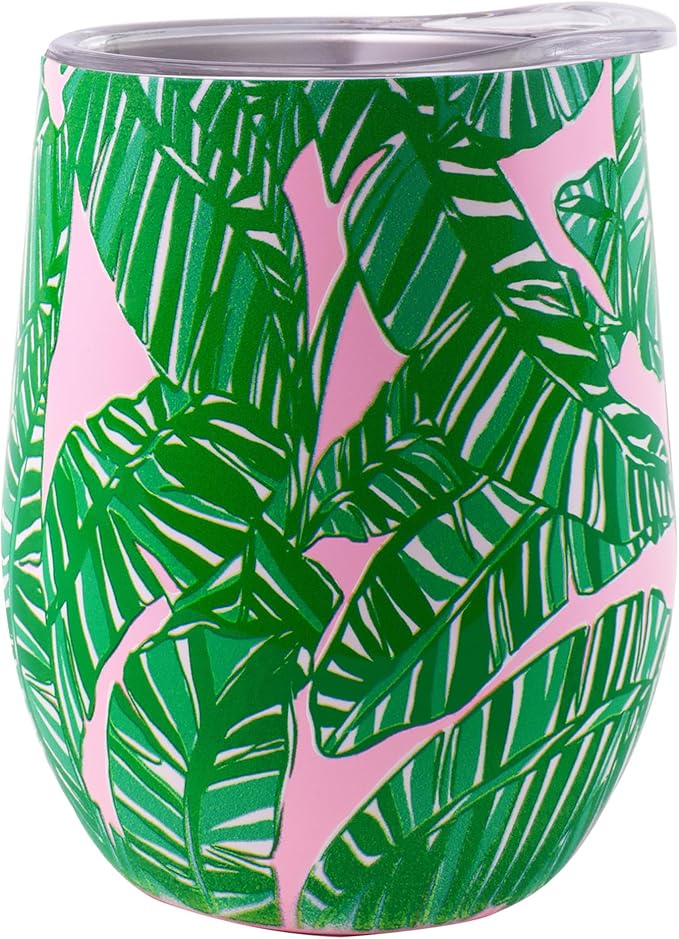 Lilly Pulitzer 12 Oz Insulated Tumbler with Lid, Yellow/Green Stainless Steel Travel Wine Glass, Double Wall Metal Cup (Let's Go Bananas)