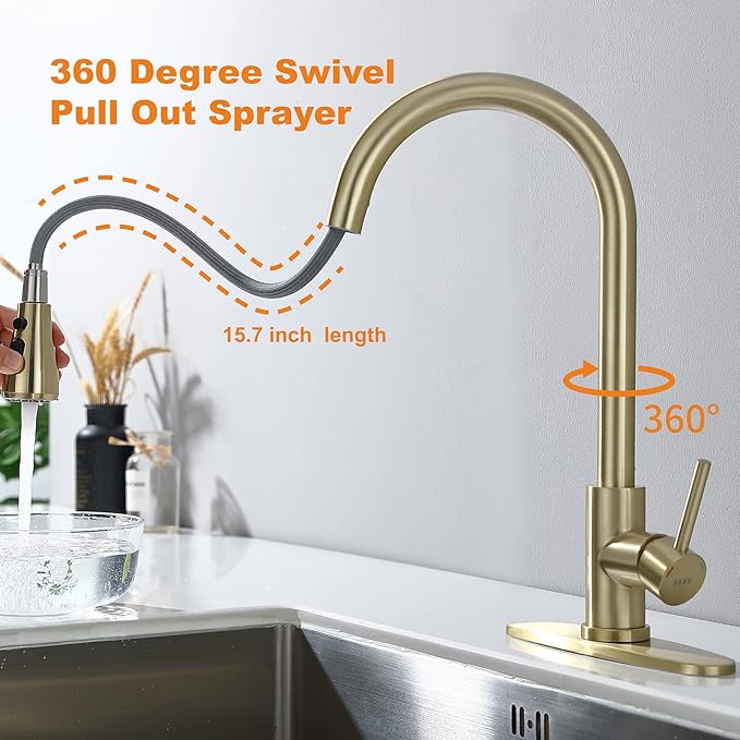 Gold Pull Down Kitchen Faucet with Soap Dispenser - Single Handle High Arc Stainless Steel Faucet