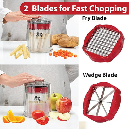 Slap Chop French Fry Potato Cutter Onion Chopper Apple Dicer - Easily Cut in Seconds - Stainless Steel Blades - No Mess Container - Slice French Fries, Fruit, and More - Dishwasher Safe