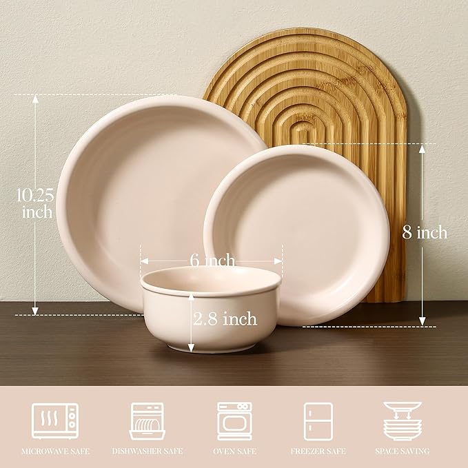 GZG Vintage Series - Ceramic Dinnerware Set for 4, 12 Pieces Stoneware Plates and Bowls Set, Lead-Free, Handcrafted Dishes Set, Microwave & Dishwasher Safe - Cream White