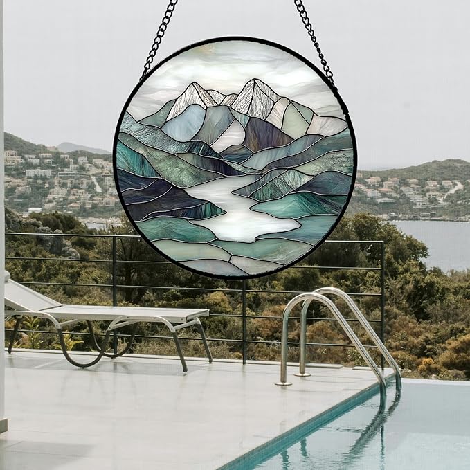 Stained Glass Window Hanging 4 Pcs Set Mountain River Landscape Large 15" - Suncatcher Door Garden Sun Catcher Decor Birthday Mother's Day for Mom Woman Nana Girl Boy Friend