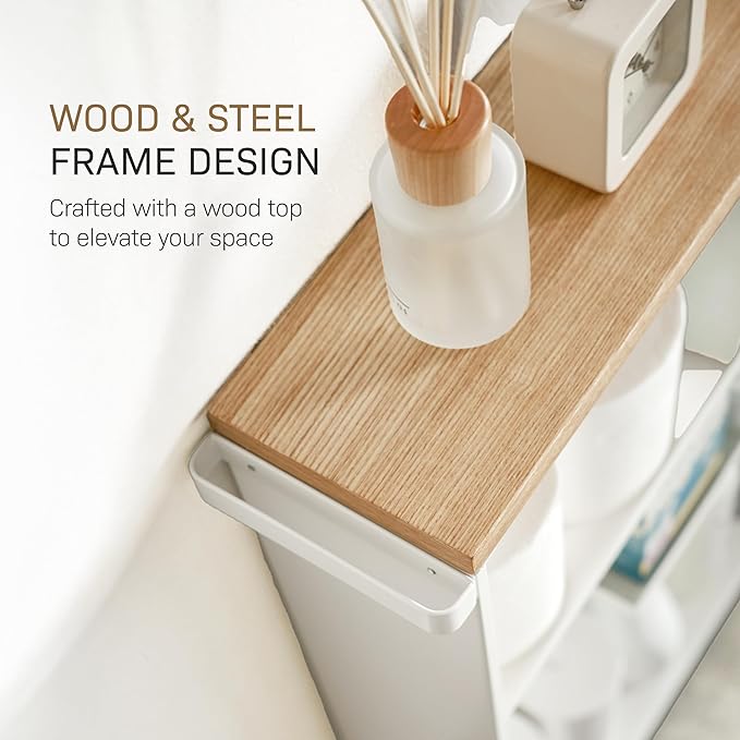 YAMAZAKI Home Slim Rolling Storage Cart – Narrow Bathroom Storage Cabinet with Handle, Slim Bathroom Storage Cart with Wheels, Easy Assembly, Steel + Wood, White
