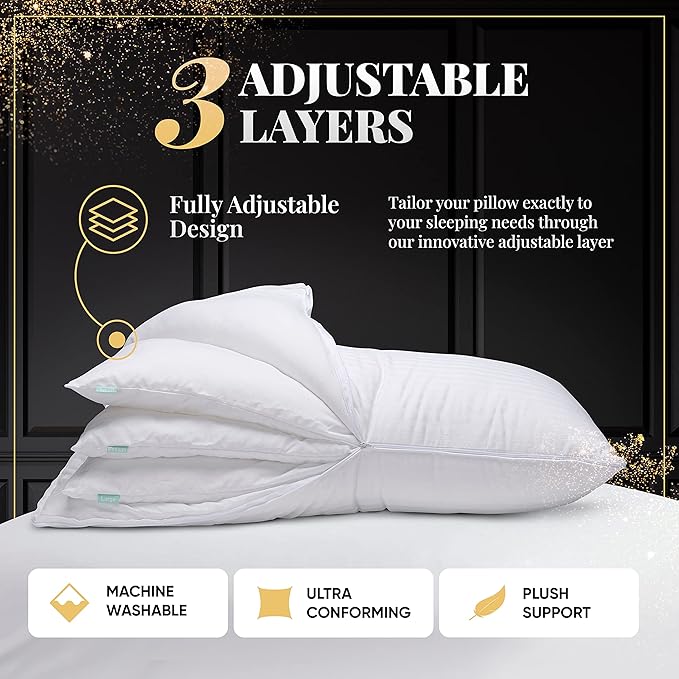 EverSnug Adjustable Pillows for Sleeping, Cooling Support, Set of 2 (King, Goose Feather)