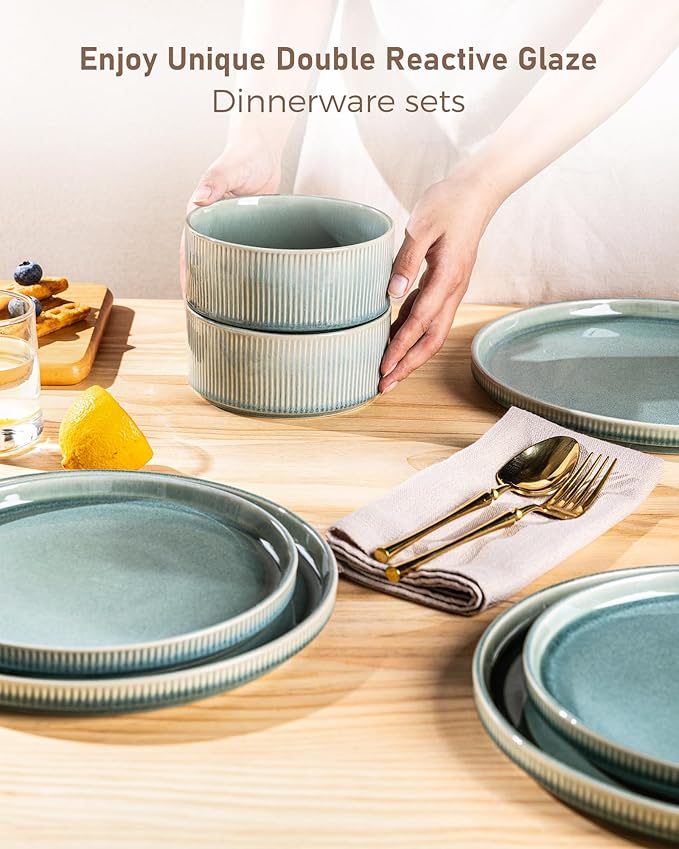 GBHOME Stoneware Dinnerware Sets for 4,Round Reactive Glaze Ceramic Plates and Bowls Set,Highly Scratch Resistant | Dishwasher & Microwave Safe Dishes Set,Service for 4(12Pcs),Malachite Green