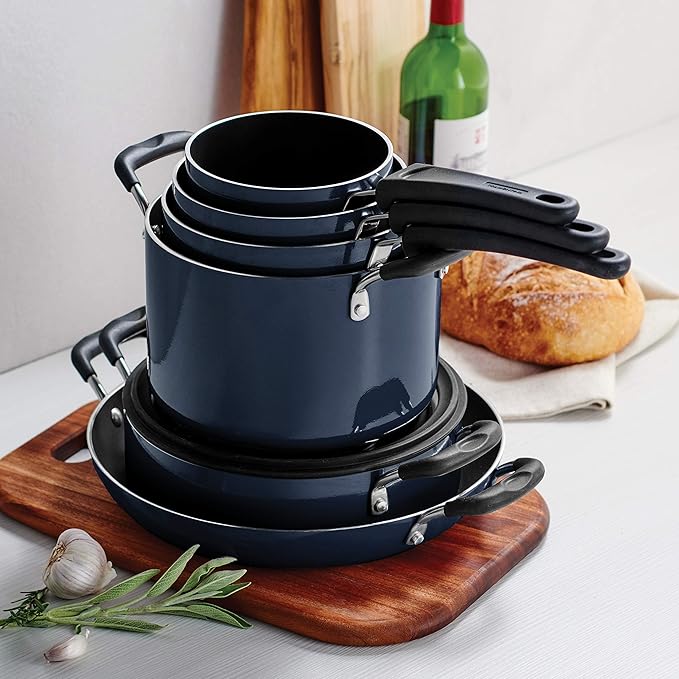 Tramontina Aluminum Non Stick 11-Piece Nesting Pots and Pans Set with Lids - Naval, Kitchen Nonstick Cookware Set, Dishwasher and Oven Safe