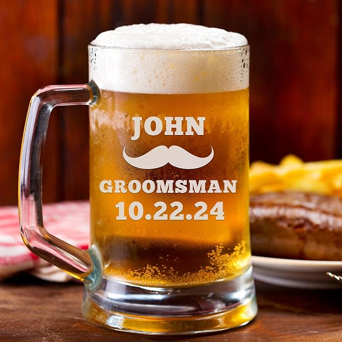 Groomsmen Gifts - Personalized Beer Mugs - Groomsmen Proposal Gift Idea - Customized Gift for Groom, Best Man, Groomsman - Custom Engraved Beer Mugs for Grooms Men - Groomsmen Beer Glasses (Design B)