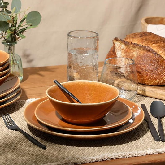 Bloomhouse - Two Time Oprah's Favorite Things Winner - Montecito Breeze 16 Piece (Service for 4) Double Plates and Bowls Stoneware Reactive Glaze Dinnerware Set - Terracotta Canyon