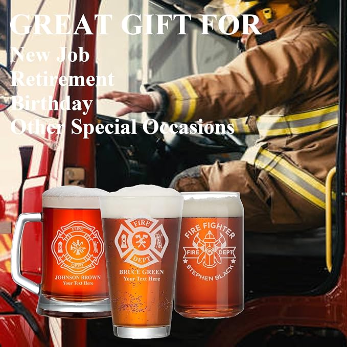 Personalized Firefighter Beer Mug, Custom Name and Text, Etched Fire Dept Beer Glass, 17oz Engraved Glassware, Fireman Gift, Home Bar, Firefighter Gifts for Men, Dad