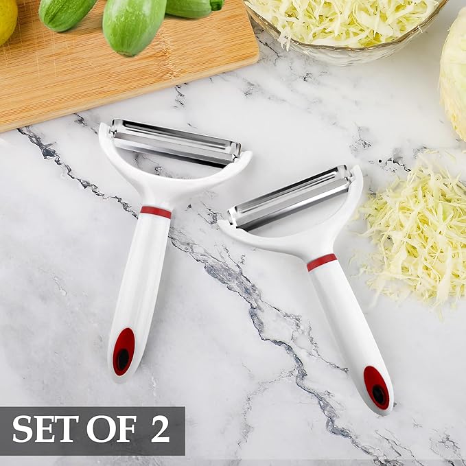 2PCS Cabbage Shredder Slicer Peeler for Coleslaw, Cabbage Cutter Grater Shredder for Sauerkraut, Large Y Peeler Wide Blade Vegetable Peeler, White with Red