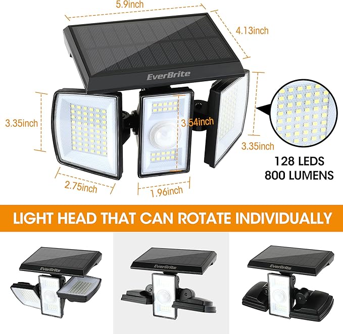 EverBrite Solar Outdoor Lights, 128 LED 7000K Solar Motion Sensor Lights, 3 Heads Security LED Flood Light, 270° Wide Lighting, IP65 Waterproof, Wall Light for Yard Patio Garden Pathway Porch