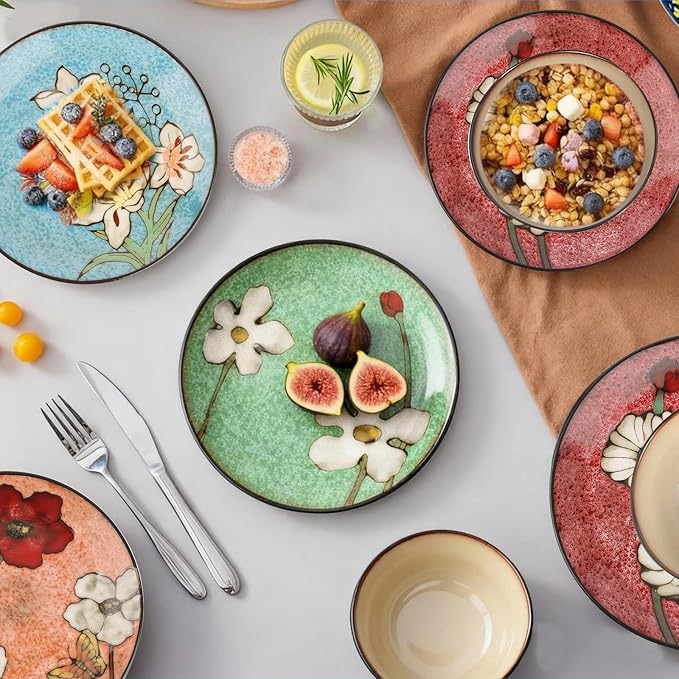 Stoneware 16-Piece Modern Dinnerware Set,Kitchen Plates Bowls and Mug Sets Serves 4,Dishwasher and Microwave Safe,4 colors (Service for 4(12Pcs))