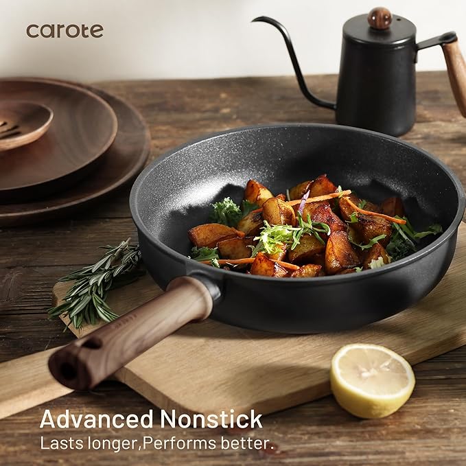 CAROTE Non Stick Frying Pans, 9.5" Nonstick Skillet Titanium Frying Pan Chef's Pan, Titanium Lightweight, Stay-cool Handle, Compatible with All Stoves, Black
