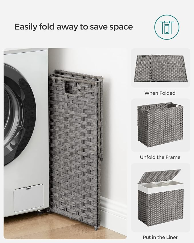 SONGMICS Laundry Hamper with Lid, 42.3 Gallons (160 L), Rolling Laundry Basket with Wheels, 3-Section Synthetic Rattan, Removable Liner, Bedroom, 27.6 x 14.2 x 26 Inches, Gray ULCB365G01