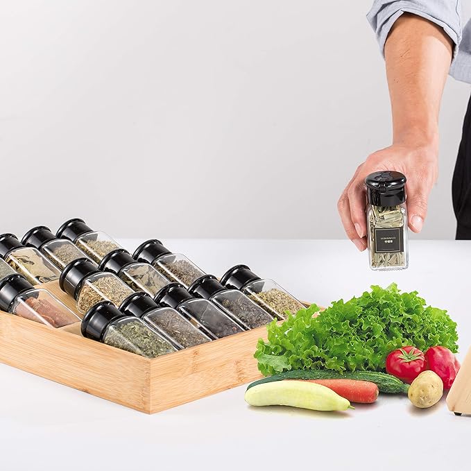 Bamboo Spice Rack Organizer for Drawer 3 Tier Bamboo Spice Tray Cabinet for Kitchen Storage and Organizer (Pre-Measure Your Drawer)(1 Pack, Drawer)