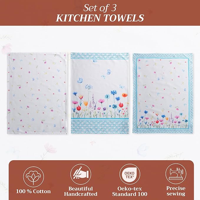 Maison d' Hermine Kitchen Towels Set of 2 100% Cotton 27.50" x 20" Reusable Cloth Tea Dish Towels Absorbent with Hanging Loop for Kitchen, Dining, Cocktail Parties Spring/Summer (Flower in The Field)