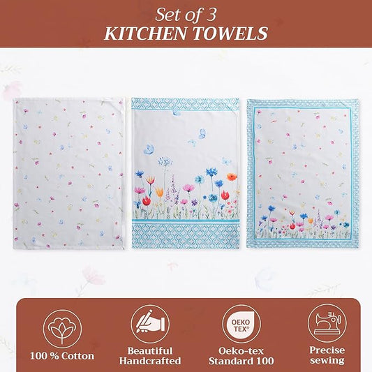 Maison d' Hermine Kitchen Towels Set of 2 100% Cotton 27.50" x 20" Reusable Cloth Tea Dish Towels Absorbent with Hanging Loop for Kitchen, Dining, Cocktail Parties Spring/Summer (Flower in The Field)