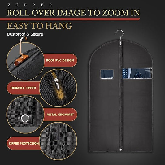 40-inch Garment Bags for Travel, Garment Bags for Hanging Clothes with Zipper and Visible Transparent Window, 2 Pack，Black