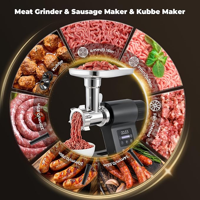 Meat Grinder Electric 3200w Commercial Touch LED Screen Heavy Duty Metal Gearbox Meat Grinder with Timing and Sausage Stuffers, Kubbe Kit for Household Use & Commercial