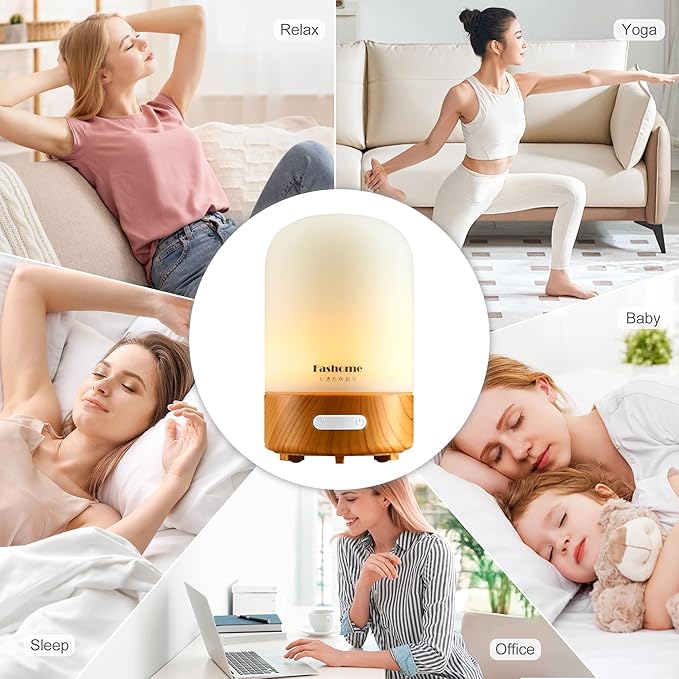 Essential Oil Diffuser Hand Blown Glass, 100ml Small Aromatherapy Diffuser, Auto Shut-Off Function, Ultrasonic Diffusers for Essential Oils, Cool Mist Humidifier with Warm White Lights（White）