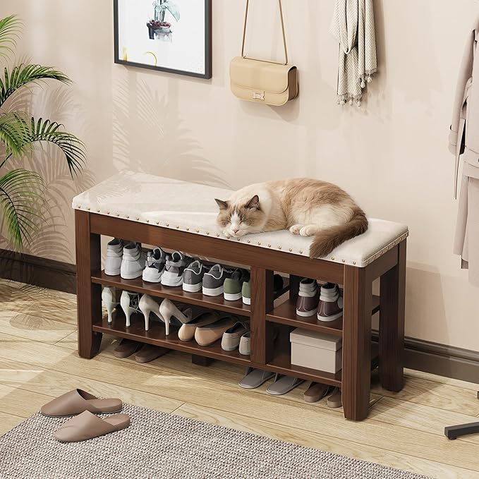 Shoe Bench for Entryway, Solid Rubberwood Shoe Bench with Hidden Storage, Adjustable 2-Tier Shelves & Soft PU Leather Seat, Shoe Rack Durable Easy Assembly for Hallway or Bedroom - Beige, 39.4"
