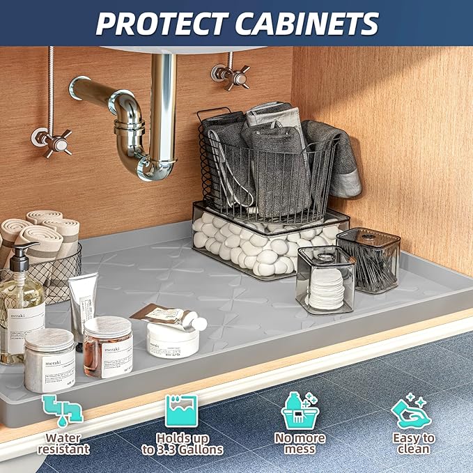 SIKADEER 31" x 19" Under Sink Mat Waterproof, Silicone Mat Kitchen Drawer Shelf and Cabinet Liner, Sink Protector for Kitchen Organizers and Storage, Boot Tray Pet Food Mats