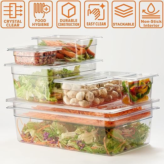 CURTA 6 Pack NSF Food Pans, Half Size 2 1/2 Inch Deep, Commercial Polycarbonate Plastic Clear Freezer-Safe
