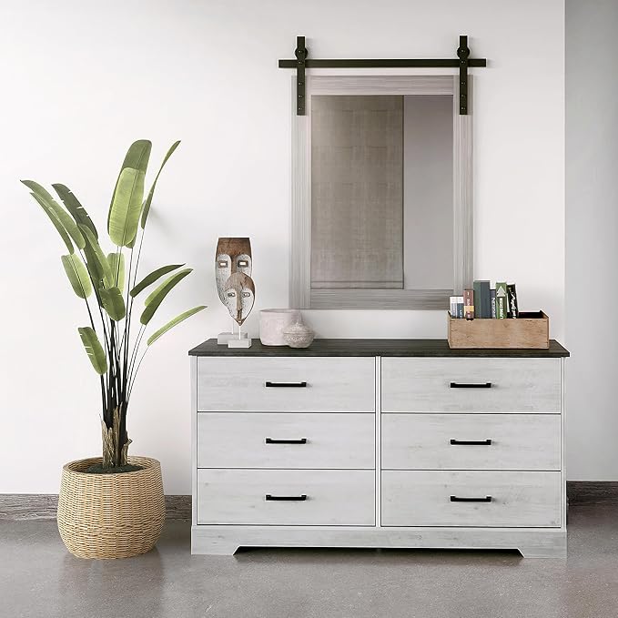 Prepac Rustic Ridge Farmhouse 6-Drawer Double Dresser, Washed White Dresser for Bedroom, Chest of Drawers with 6 Storage Drawers, 53.25” wide x 18.25” deep x 28.5” tall, Washed White