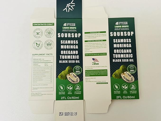 Vyxion Soursop Bitters Liquid Drops 10 in 1 with Sea Moss, Moringa, Turmeric, Black Seed Oil, Oregano, Ashwagandha | Herbal Extracts for Overall Health-Enhancing | Vegan, Non-GMO | 2 Fl Oz