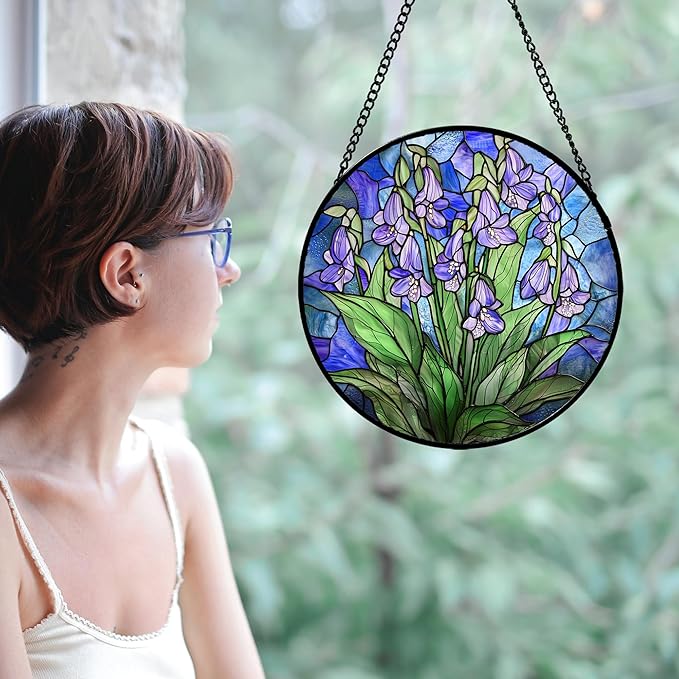 Stained Glass Suncatcher, Blue Purple Flowers Green Leaves Sun Catcher Plants Stain Glass Window Hanging Decoration Mother's Day Birthday Gifts for Women Men Mom and Nana 15 in