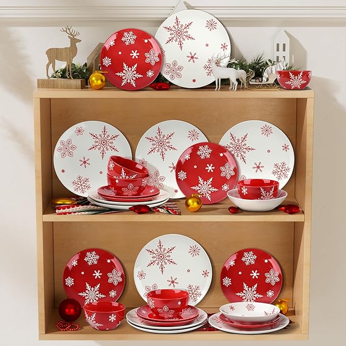 6 Pcs Christmas Cereal Bowls, 23 Oz Ceramic Bowl Set, Deep Serving Bowls, White Red Snowflake Xmas Holiday Soup Bowls for Salad, Dessert, Pasta, Ice Cream, Dishwasher and Microwave Safe