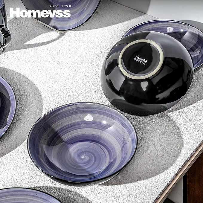 Sonoma Stoneware 16pc Dinnerware Set, Outside Black + Inside Hand Painting Color Cobalt