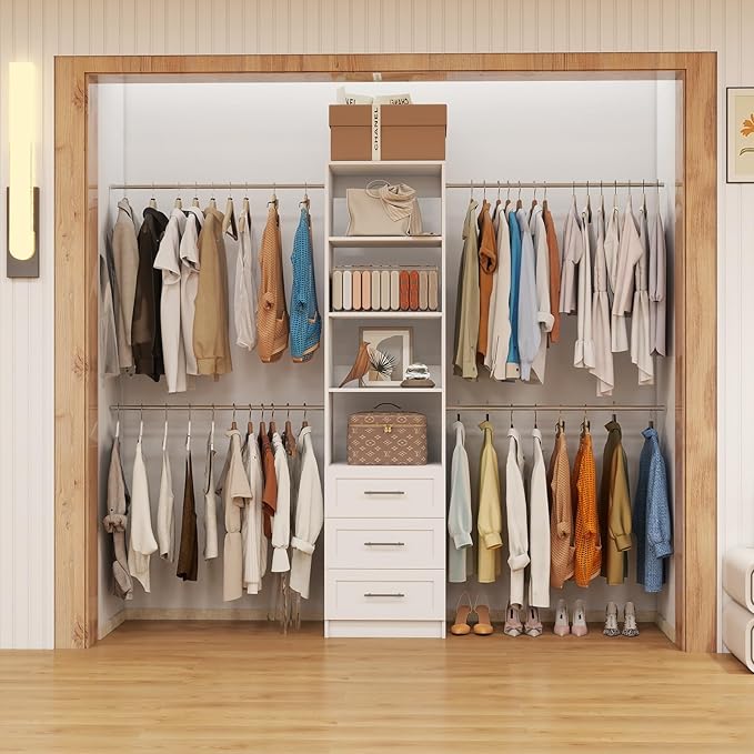 Closet System with Drawers, 5FT-8FT Custom Closet Organizer System 99" Walk in Wood Closet Storage System with 4 Expandable Hanging Rods Wall Mount White