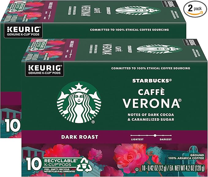 Starbucks Caffe Verona Coffee K-Cup Pods, Dark Roast Arabica Coffee, 20 Count (Pack of 2 Boxes)
