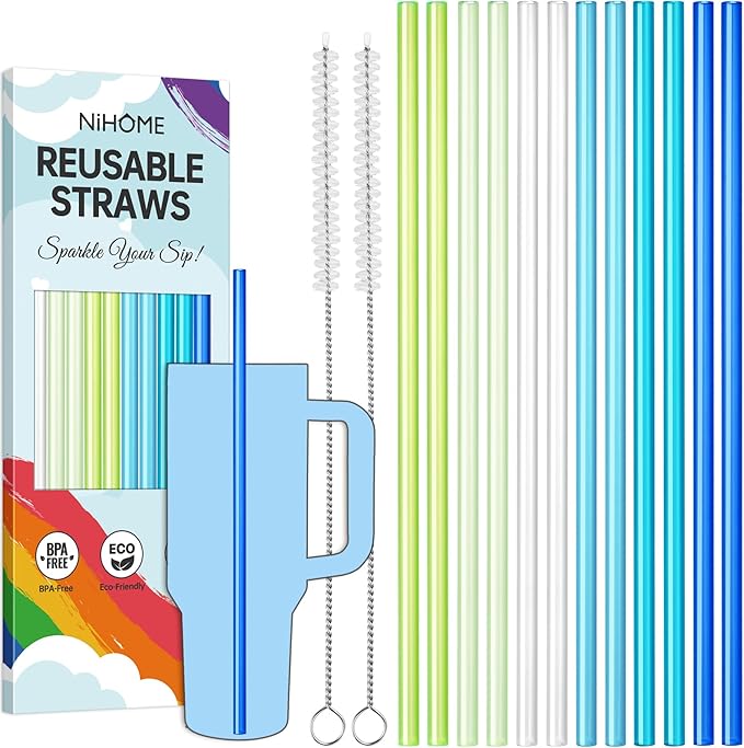 NiHome 12-Pack Plastic Reusable Drinking Straws for Stanley 40 oz 30oz 64 oz Tumbler, 6 Color 12 In Reusable Straws Fit for Stanley Cups w/ 2 Brushes, BPA-Free for Cold & Hot Beverages (Gradient Blue)