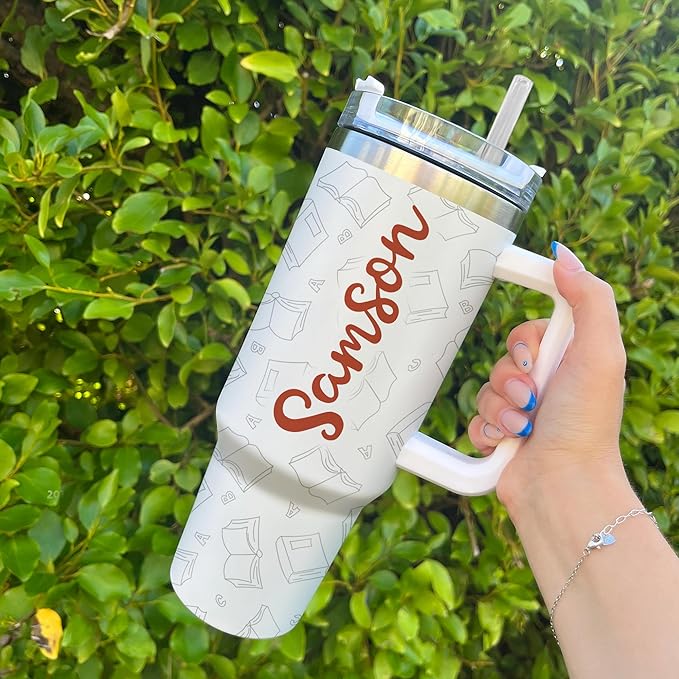 Personalized Sloth Tumbler 40oz with Handle & Straw - Cute Sleeper Sloth & Books Tumbler - Valentine Mother Father's Day Birthday Gifts - Custom Name Stainless Steel Travel Coffee Cup