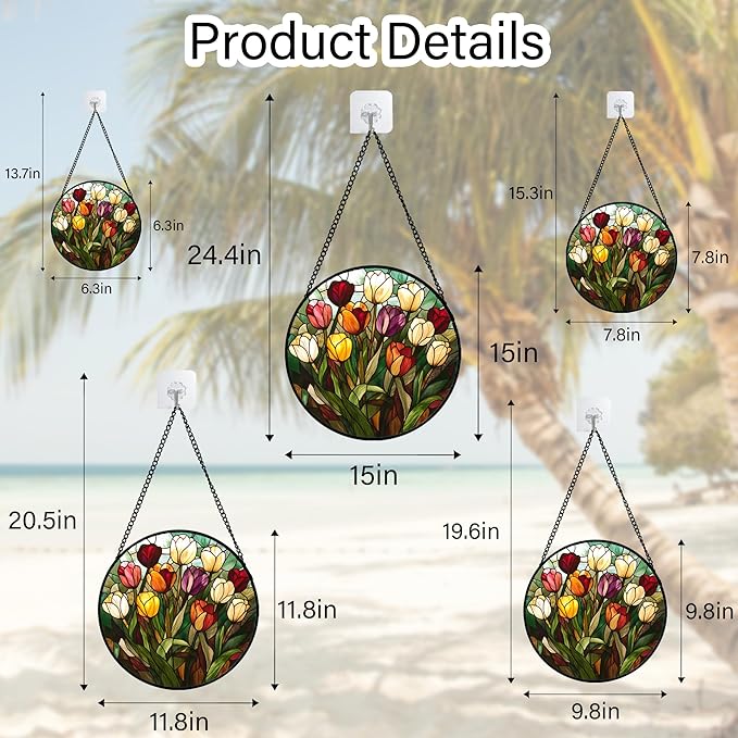 Stained Glass Window Hanging Colorful Tulip 7.8" - Flower Suncatcher Door Garden Sun Catcher Home Plant Decor Birthday Mother's Day for Mom Woman Friend Nana Colleague