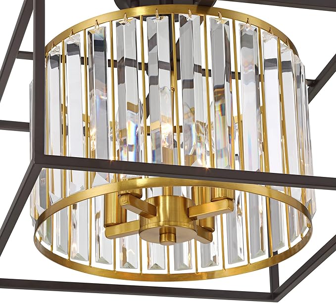 Possini Euro Design Milne 14" Modern Semi Flush-Mount Ceiling Light Fixture Kitchen Foyer Hallway Round 4-Light Brown Bronze and Brass Finish Crystal Bedroom Bathroom Entryway Living Room Small