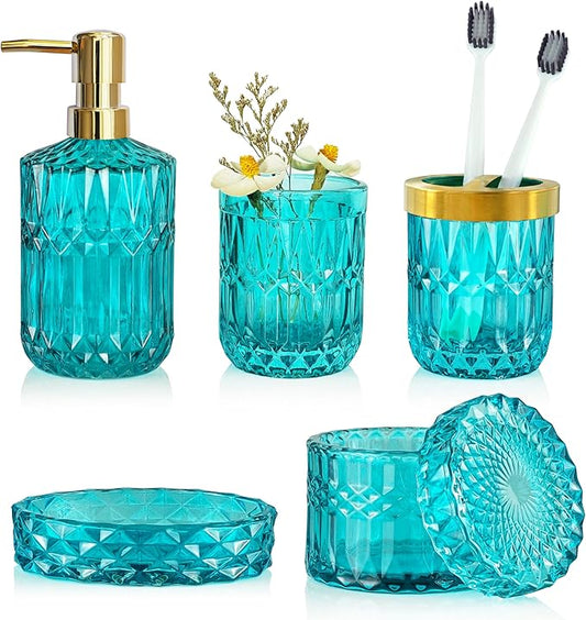 Teal Blue Bathroom Accessories Set, 5Pcs Clear Glass Bathroom Accessories, Hand Soap Dispenser Set, Soap Dish, Toothbrush Holder, Tumbler, Qtip Holder for Crystal Vantage Bathroom Decor
