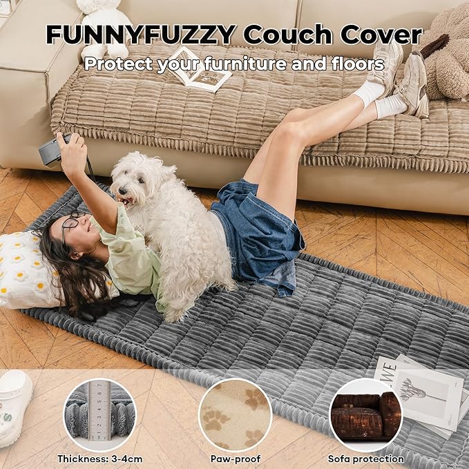 FUNNY FUZZY Pet Couch Covers for Sofa, Flannel Dog Couch Cover for Dogs Washable, Sofa Cover Furniture Protector Pet-Friendly Sofa Cover for Dogs & Kids (Light Brown, 19.7"×19.7")