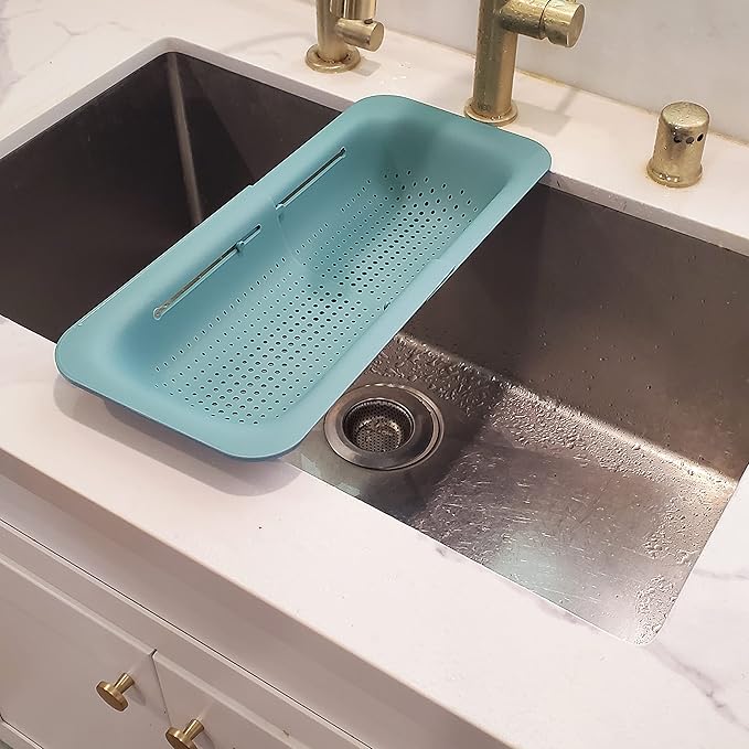 Makerstep Over the Sink Colander Strainer Basket - Expandable, Wash, Drain, and Dry. - New Home Kitchen Essentials, Multifunctional Kitchen Gadgets, Green 14.25x8