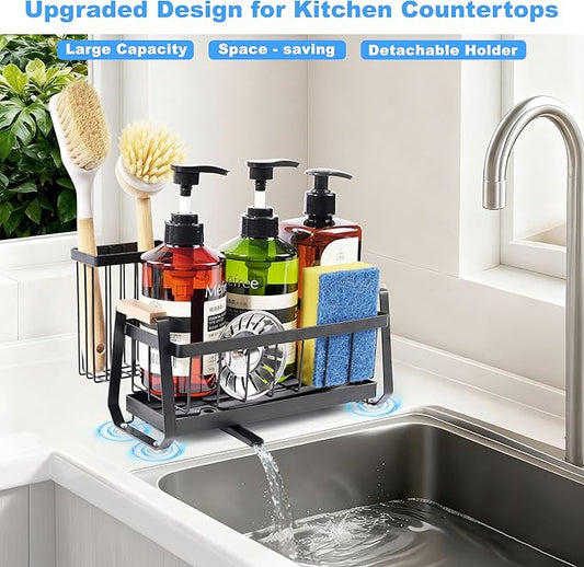 Kitchen Sink Organizer with Dish Brush Holder and Soap Sponge Holder, Stainless Steel Sink Caddy with Suction Cup, Non-Slip Dish Soap Organizer for Kitchen Countertop Storage Essentials